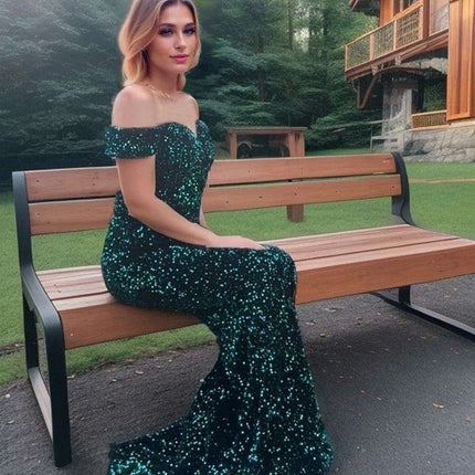 Glamorous Off-The-Shoulder Sequin Velvet Mermaid Evening Gown - Luxurious Long Dress for Women in Vibrant Red - Très Elite