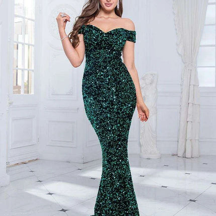 Glamorous Off-The-Shoulder Sequin Velvet Mermaid Evening Gown - Luxurious Long Dress for Women in Vibrant Red - Très Elite