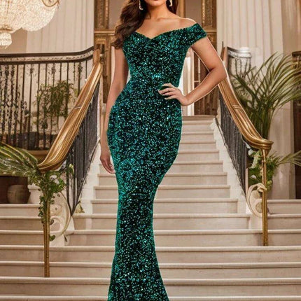 Glamorous Off-The-Shoulder Sequin Velvet Mermaid Evening Gown - Luxurious Long Dress for Women in Vibrant Red - Très Elite