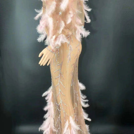 Glamorous Pink Diamond Feathered Mermaid Evening Dress - Très Elite