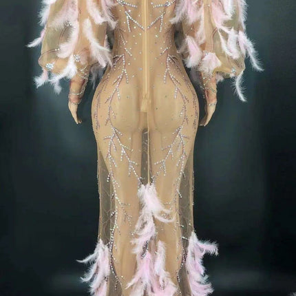 Glamorous Pink Diamond Feathered Mermaid Evening Dress - Très Elite