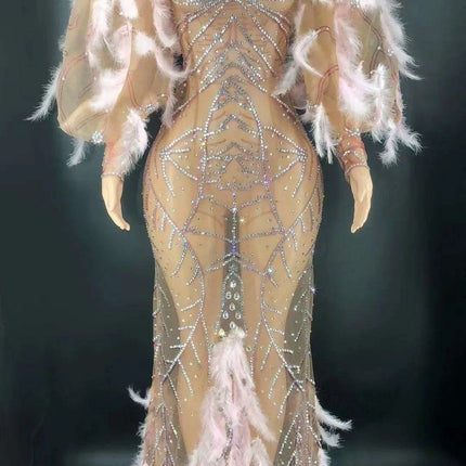 Glamorous Pink Diamond Feathered Mermaid Evening Dress - Très Elite