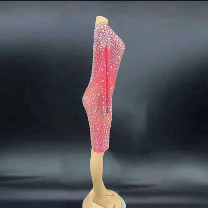 Glamorous Pink Rhinestone Mini Dress for Special Events - Très Elite