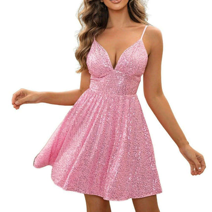 Glamorous Pink Sequin Pleated Cocktail Mini Dress - Stunning V Neck Sleeveless Evening Dress for Celebrations and Parties - Très Elite