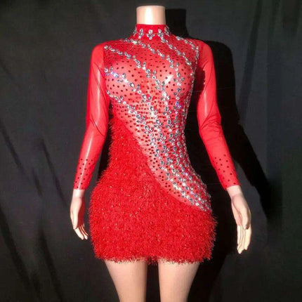 Glamorous Red Mesh Bodycon Dress with Crystal Accents and Sleeves - Très Elite