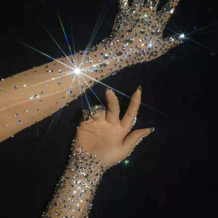 Glamorous Rhinestone-Embellished Mesh Gloves for Women - Perfect for Nightlife and Performances - Très Elite