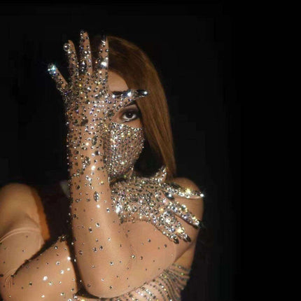 Glamorous Rhinestone-Embellished Mesh Gloves for Women - Perfect for Nightlife and Performances - Très Elite