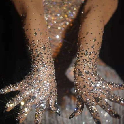 Glamorous Rhinestone-Embellished Mesh Gloves for Women - Perfect for Nightlife and Performances - Très Elite
