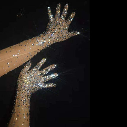 Glamorous Rhinestone-Embellished Mesh Gloves for Women - Perfect for Nightlife and Performances - Très Elite
