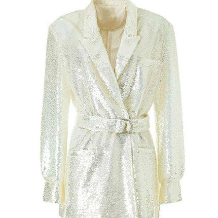Glamorous Sequined Belted Blazer for Women - Sophisticated Lapel Long Sleeve Coat