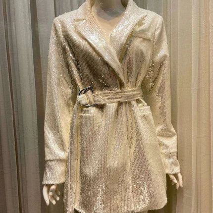 Glamorous Sequined Belted Blazer for Women - Sophisticated Lapel Long Sleeve Coat - Très Elite