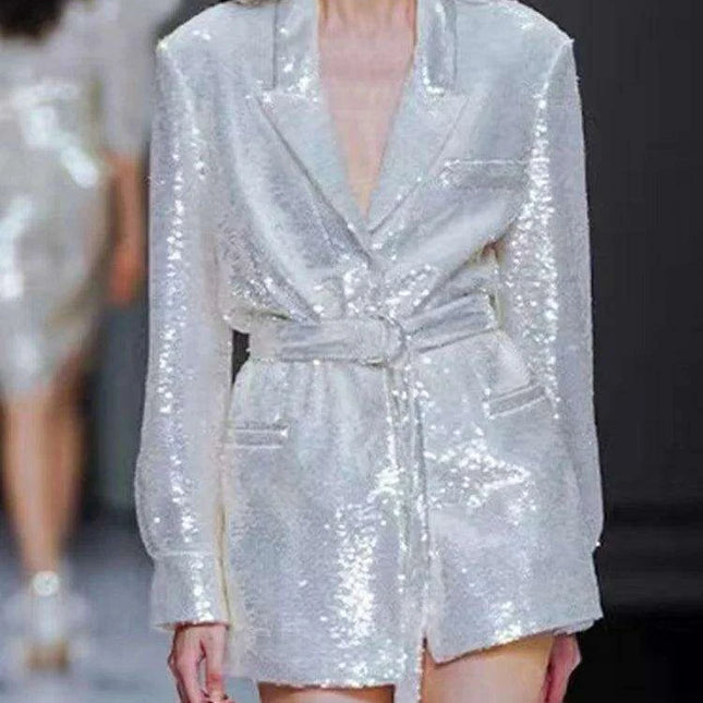 Glamorous Sequined Belted Blazer for Women - Sophisticated Lapel Long Sleeve Coat