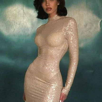 Glamorous Sequined Sheer Mesh Mini Dress with High Neck and Long Sleeves for Night Out - Très Elite