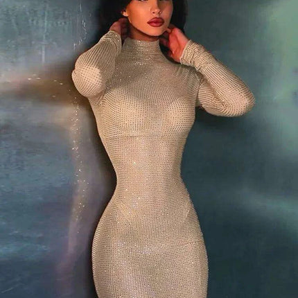 Glamorous Sequined Sheer Mesh Mini Dress with High Neck and Long Sleeves for Night Out - Très Elite