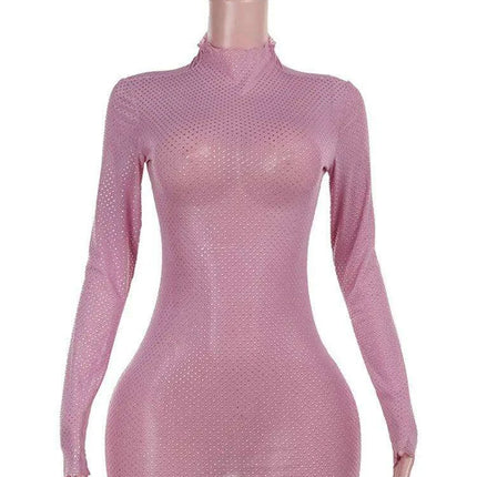 Glamorous Sequined Sheer Mesh Mini Dress with High Neck and Long Sleeves for Night Out - Très Elite