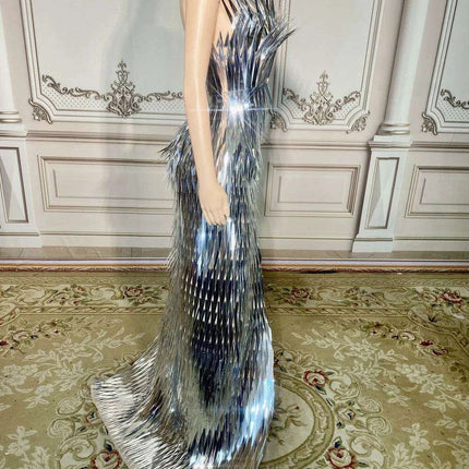 Glamorous Silver Sequin Tube Maxi Gown with Elegant Train - Très Elite