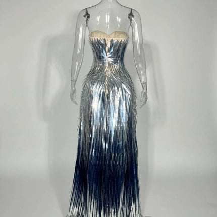 Glamorous Silver Sequin Tube Maxi Gown with Elegant Train - Très Elite