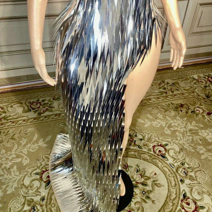 Glamorous Silver Sequin Tube Maxi Gown with Elegant Train - Très Elite