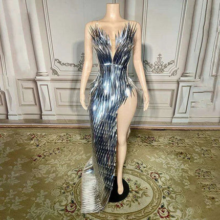 Glamorous Silver Sequin Tube Maxi Gown with Elegant Train - Très Elite