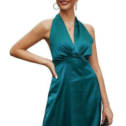 Glamorous Spring V-neck Satin Backless Dress for Women - Très Elite