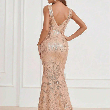 Glamorous V-Neck Halter Sequin-Studded Slim-Fit Evening Dress for Women - Très Elite