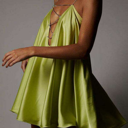 Glamorous Women's Heavy Metal Diamond Chain Backless V-Neck Dress - Très Elite