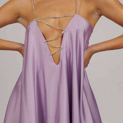 Glamorous Women's Heavy Metal Diamond Chain Backless V-Neck Dress - Très Elite