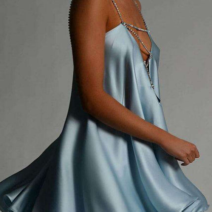 Glamorous Women's Heavy Metal Diamond Chain Backless V-Neck Dress - Très Elite