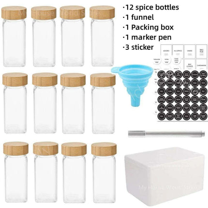 Glass Spice Jar Set with Bamboo Lids, Shaker Tops, Labels & Funnel - 4oz - Très Elite