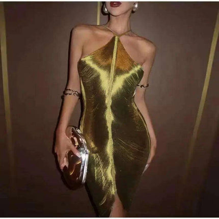 Glistening Metallic Halter Bodycon Mini Dress - Chic Backless Party Ensemble - Très Elite