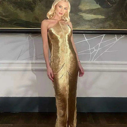 Glistening Metallic Halter Bodycon Mini Dress - Chic Backless Party Ensemble - Très Elite