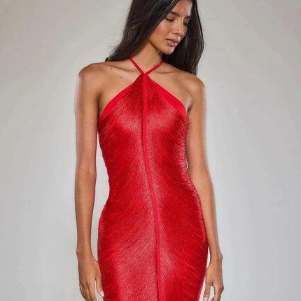 Glistening Metallic Halter Bodycon Mini Dress - Chic Backless Party Ensemble - Très Elite