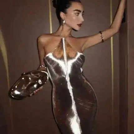 Glistening Metallic Halter Bodycon Mini Dress - Chic Backless Party Ensemble - Très Elite