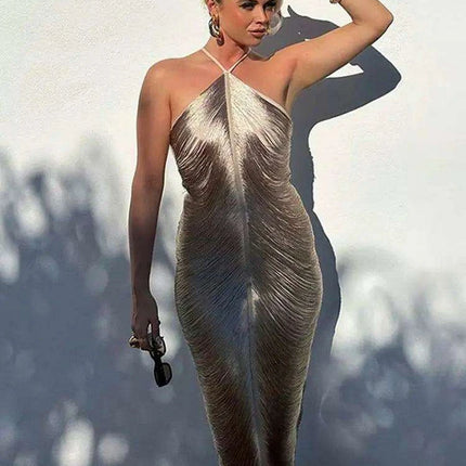 Glistening Metallic Halter Bodycon Mini Dress - Chic Backless Party Ensemble - Très Elite