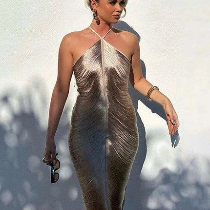 Glistening Metallic Halter Bodycon Mini Dress - Chic Backless Party Ensemble - Très Elite