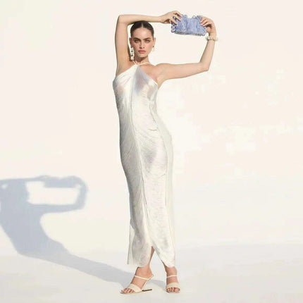 Glistening Metallic Halter Bodycon Mini Dress - Chic Backless Party Ensemble - Très Elite