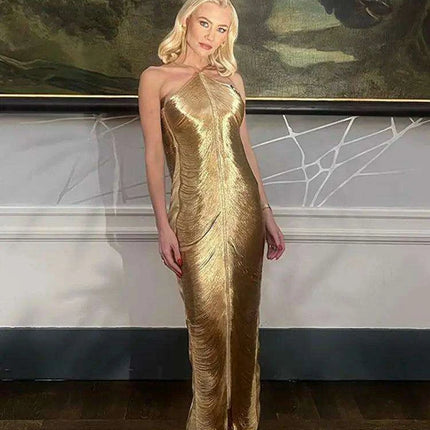 Glistening Metallic Halter Bodycon Mini Dress - Chic Backless Party Ensemble - Très Elite