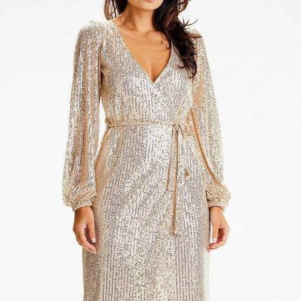 Glistening Sequin Wrap Dress with Elegant Side Ties and Ruching Details - Très Elite