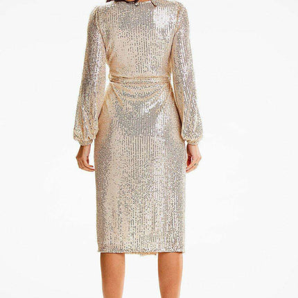 Glistening Sequin Wrap Dress with Elegant Side Ties and Ruching Details - Très Elite