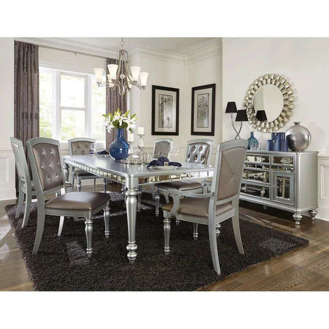 Glistening Silver Dining Ensemble with Crystal-Accented Tufted Chairs