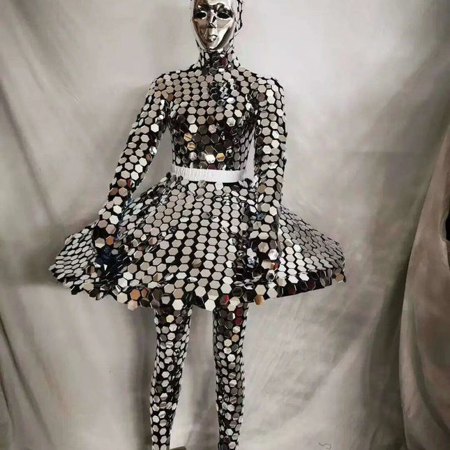 Glistening Silver Reflective Dance Costume for Stage and Celebration