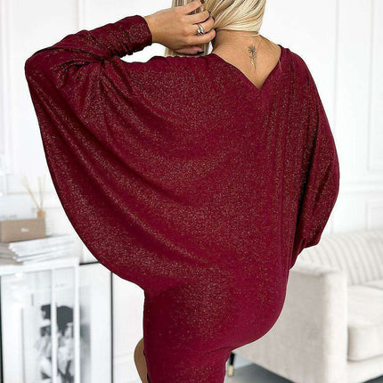 Glittering Maroon Batwing Dress by Numoco for Elegant Comfort - Très Elite