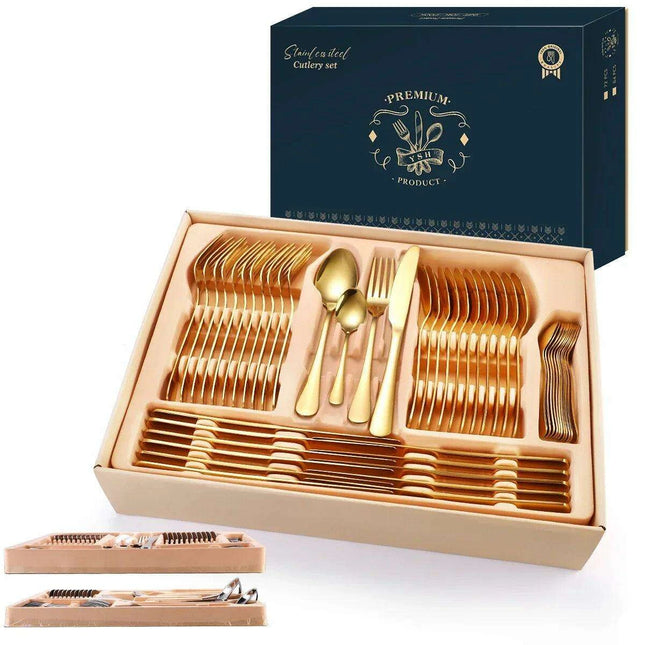 Gold Elegance: Complete 84-Piece Cutlery and Tableware Set for Dining and Entertaining - Très Elite