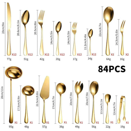 Gold Elegance: Complete 84-Piece Cutlery and Tableware Set for Dining and Entertaining - Très Elite