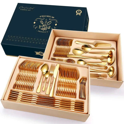 Gold Elegance: Complete 84-Piece Cutlery and Tableware Set for Dining and Entertaining - Très Elite
