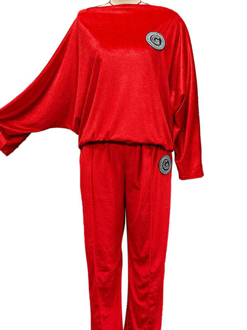 Gold velvet solid color round neck bat sleeves casual two-piece set