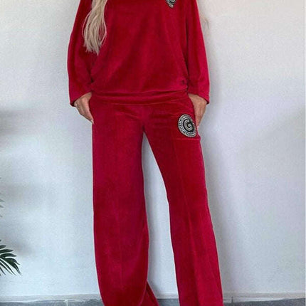 Gold velvet solid color round neck bat sleeves casual two-piece set - Très Elite