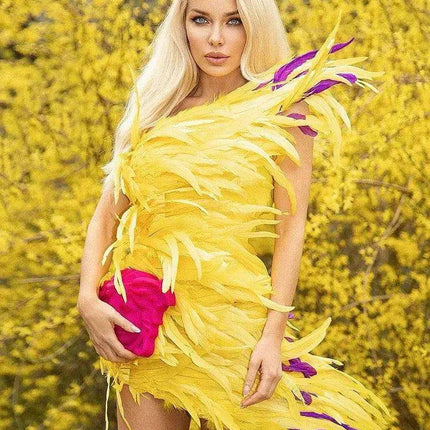 Golden Sunshine Feathered Asymmetrical Bodycon Gown - Très Elite