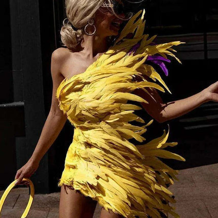 Golden Sunshine Feathered Asymmetrical Bodycon Gown - Très Elite