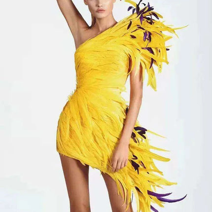 Golden Sunshine Feathered Asymmetrical Bodycon Gown - Très Elite